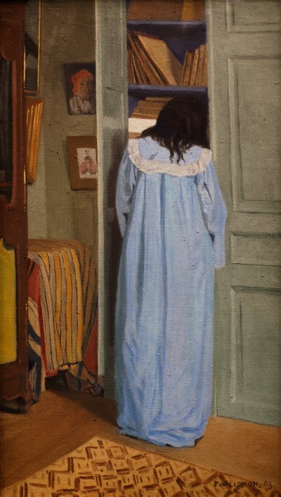 Interior, Woman in Blue Searching in a Cupboard by Felix Edouard Vallotton